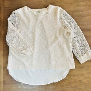 Lucky Brand Ivory Crochet Lace Sleeve Knit Top Layered Shirt Women's L